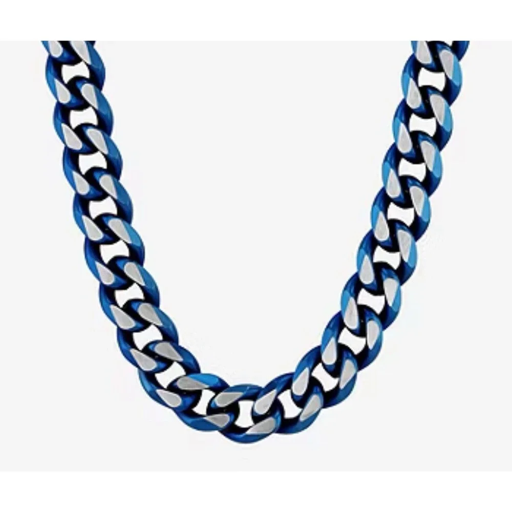 Men’s Solid Stainless Steel And Blue Ion Playing Chain Necklace 24”  109.57g